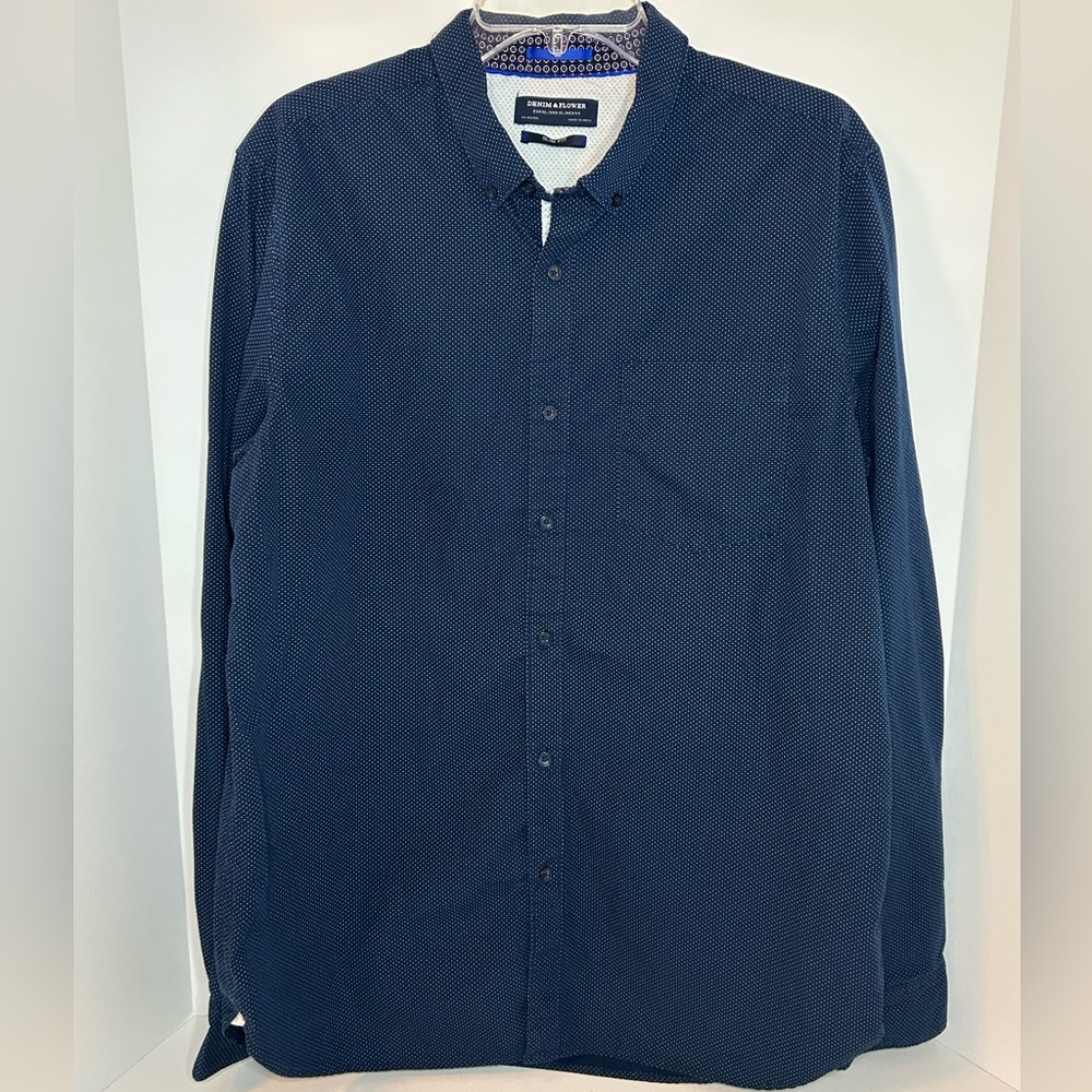 Denim & Flower Mens navy blue white dot long sleeve button down shirt size XL‎